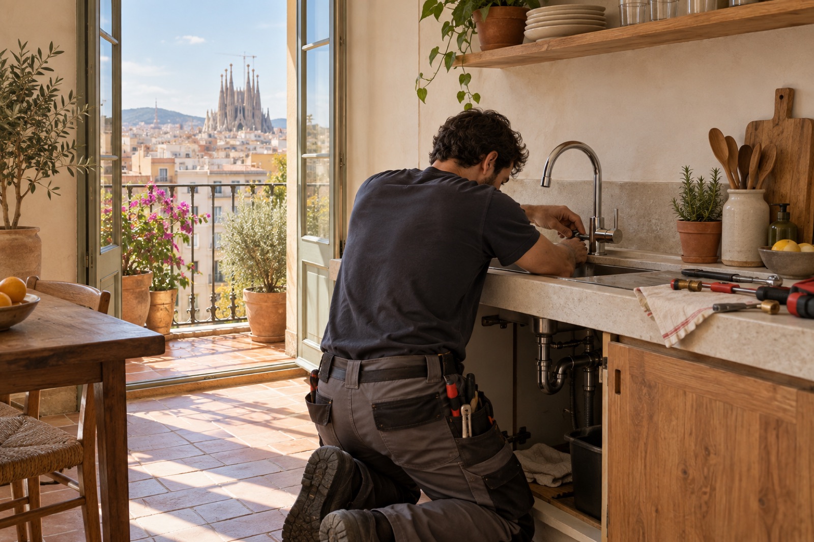 Professional carrying out a plumbing repair in a Barcelona home